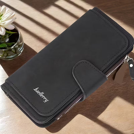 Vintage Faux Leather Long Wallet – Trifold Credit Card Holder with Snap & Zipper
