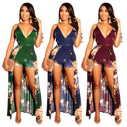 V-neck printed tie with bare back jumpsuit