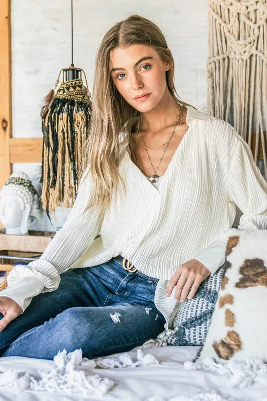 And The Why V Neck Pleated Long Sleeves Shirt