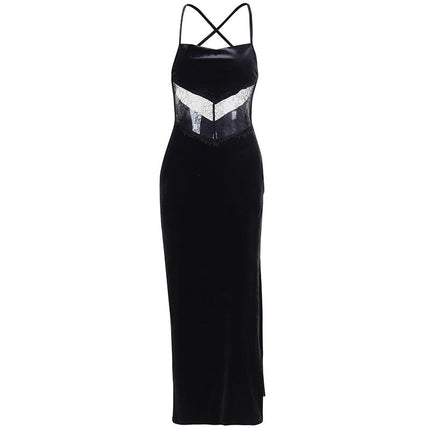 Women's Lace Exposed Back Patchwork Slit Dress