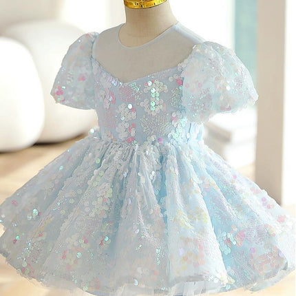 Girls Blue Sequins New Puff Sleeve Umbrella Princess Dress