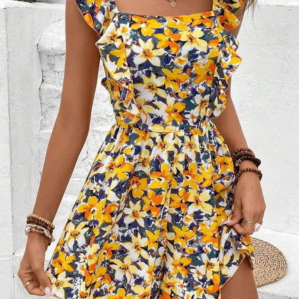 Sleeveless Square Collar Printed Elastic Waist Back Jumpsuit