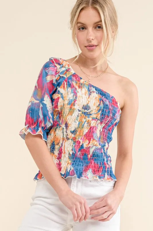 And The Why Allover Floral Print Smocked One Shoulder Blouse