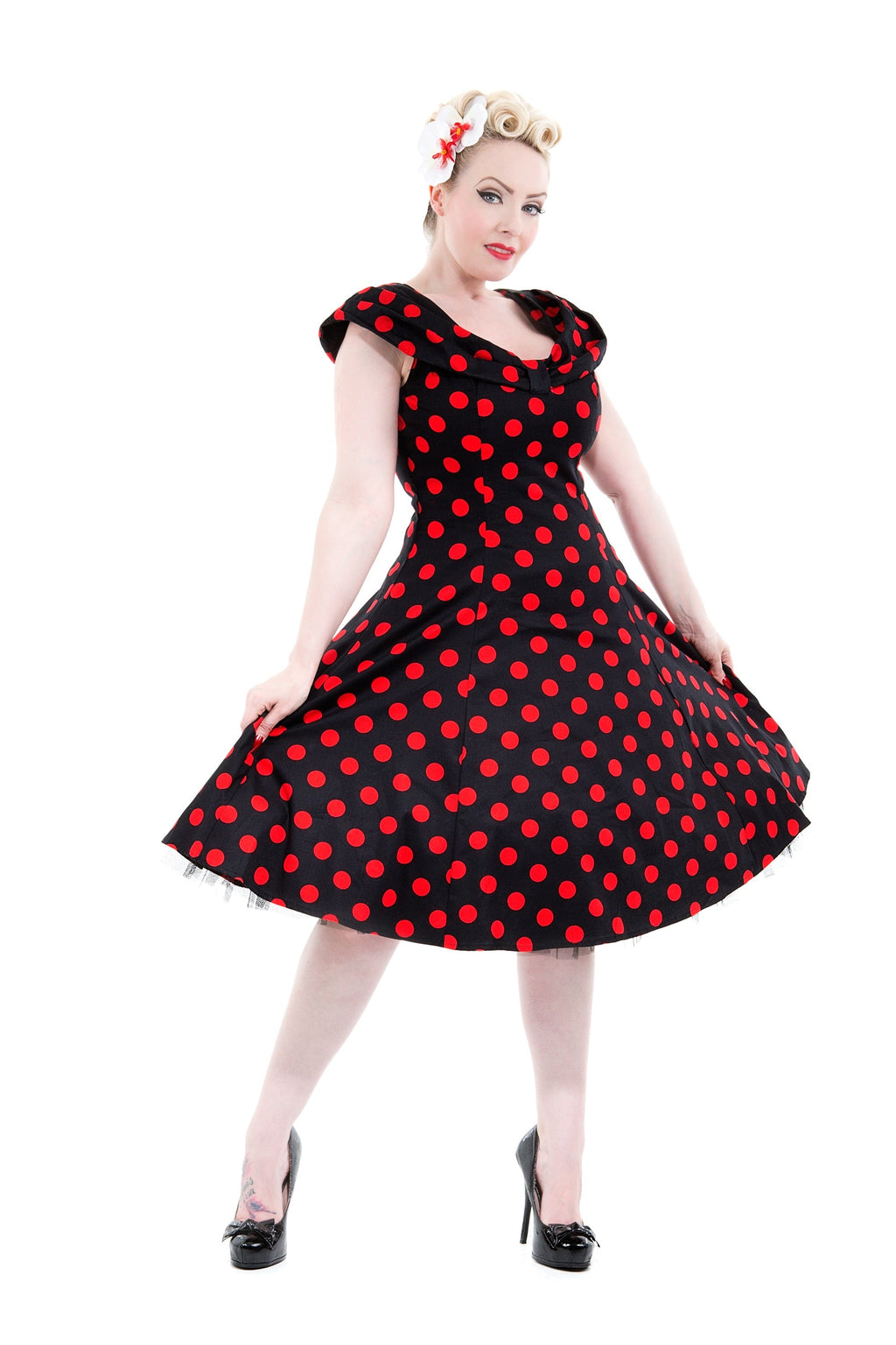 6847 Black Red Polka Dot Swing Dress