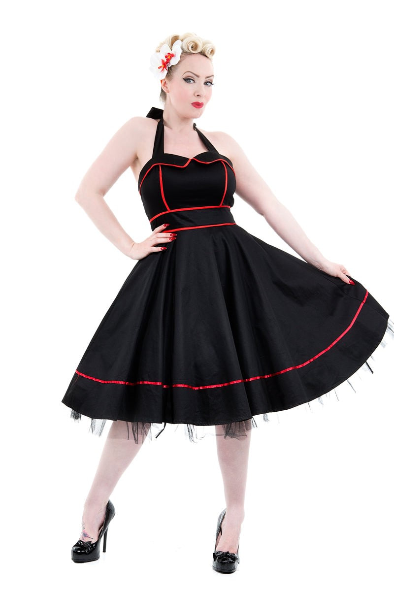 6851 Black Red Trim Halter Swing Dress