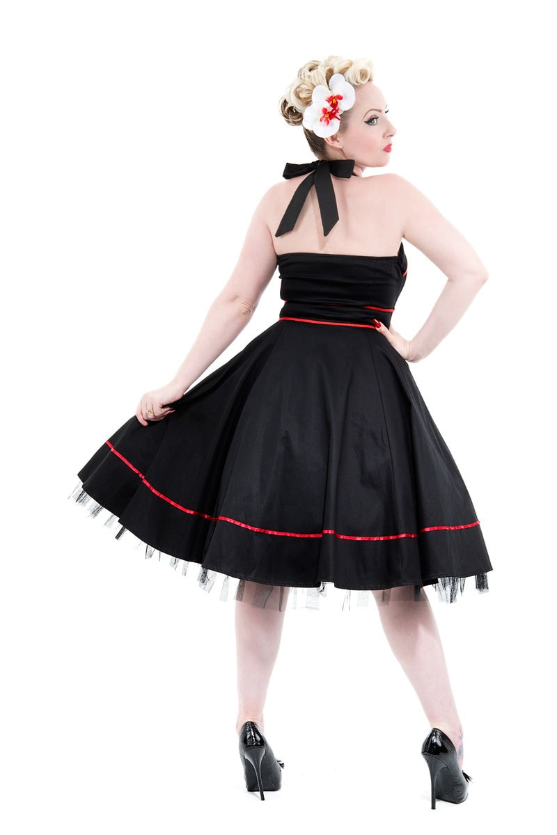 6851 Black Red Trim Halter Swing Dress