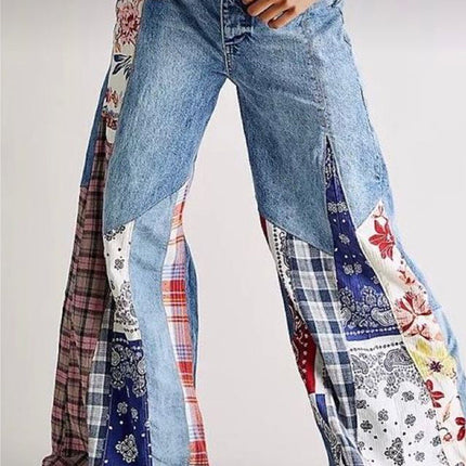 Retro Denim Stitching Button High Waist Wide Leg Jeans