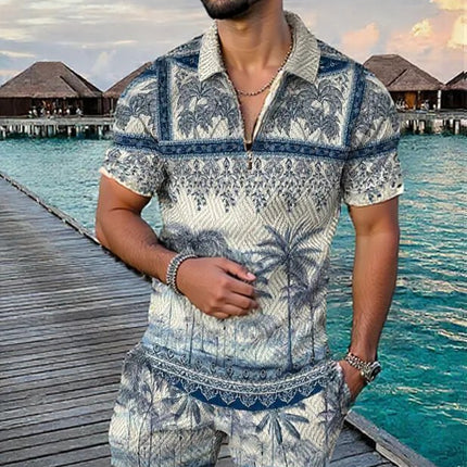 Men's Summer Fashion 3D Printed Short Sleeve Geometric Zip Lapel Shirt Set