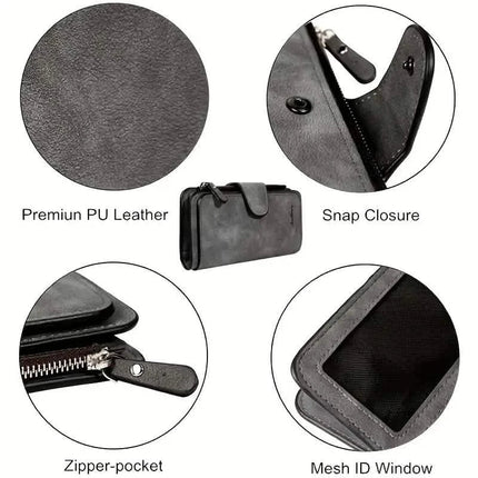 Vintage Faux Leather Long Wallet – Trifold Credit Card Holder with Snap & Zipper