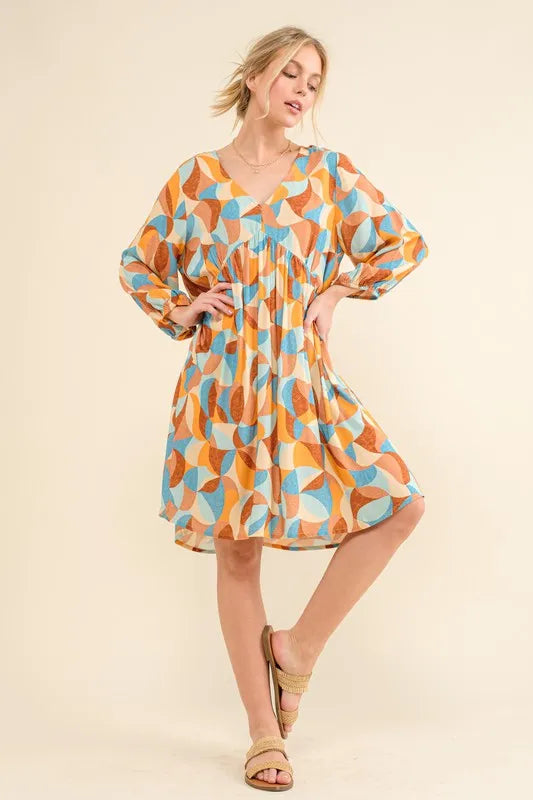 And The Why Printed Open Back Puff Sleeve Casual Dress