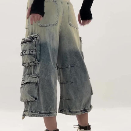 High - Waisted Ombre Cargo Jeans With Multiple Pockets