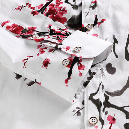 Men's Plus Size Satin Flower Long-sleeved Slim Fit Shirt