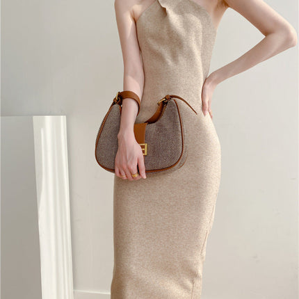 Women's Slim Fit Slim Pack Hip Cross Halter Over Knee Knit Dress