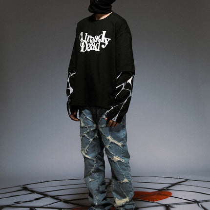 High Street Wash Destroyed Spider Web Straight Leg Jeans