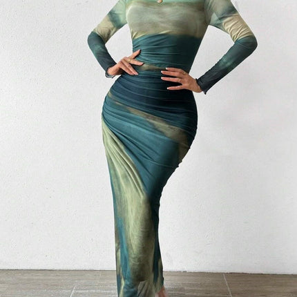 Tie-dyed Long Sleeve Slim Fit Hot Girl Long Dress Women