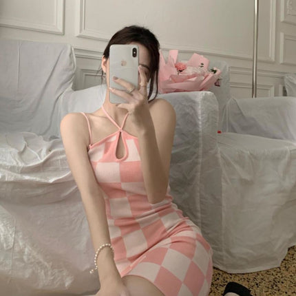 Hot Girl Suspender Dress Three-color Plaid Water Drop Collar Skirt Women