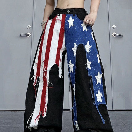 Womens American-style Washed Striped Heat-pressed Patch Jeans