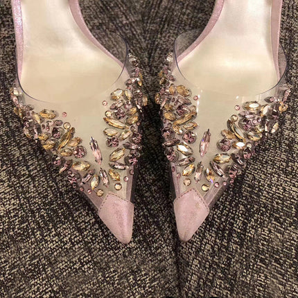 Transparent Rhinestone Pointed Toe Buckle Back Strap Sandals