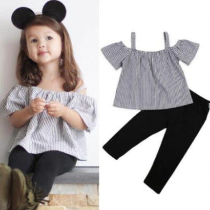 Shelby Top & Pants Set Summer Short-sleeved Sling Strapless Striped Shirt Trousers Two-piece Children's Suit