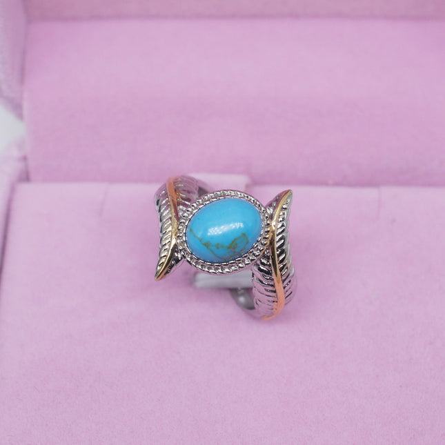Zhen Rong wish hot selling new products, European and American extravagant inlaid Green Turquoise feather ring color ring party engagement ring