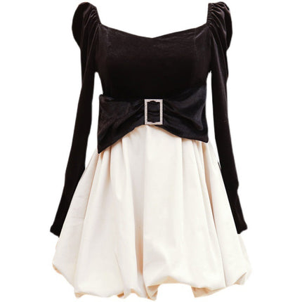 Back Puff Sleeve Stitching Gold Velvet Dress