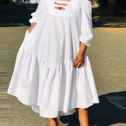 Round Neck White Large Swing Solid Color Plus Size Dress