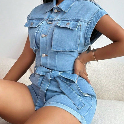 Tie Waist Cap Sleeve Denim Romper