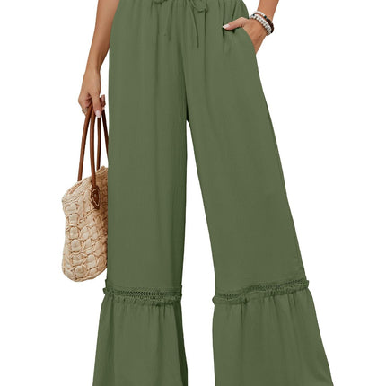 Solid Color High Waist Casual Pants Women's Drawstring Wide Leg Pants