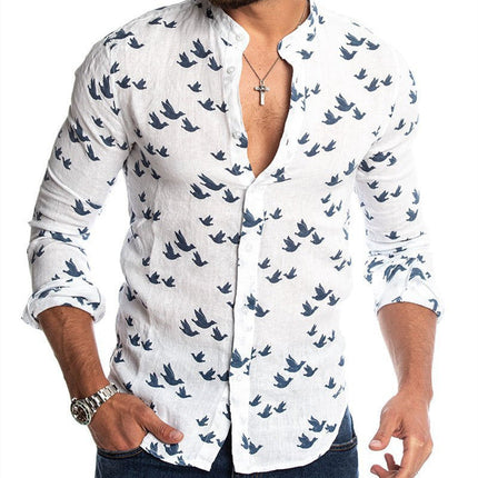 3D printed linen colorblock stand collar shirt