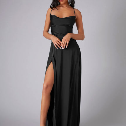 Women's Elegant Backless Split Maxi Dress – High Waist V-Neck Belted Gown