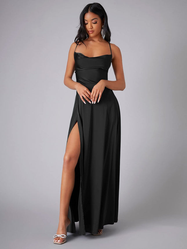 Women's Elegant Backless Split Maxi Dress – High Waist V-Neck Belted Gown