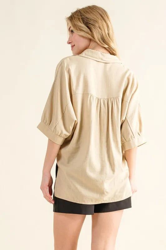 And The Why Oversized Linen Button Down Shirts Top