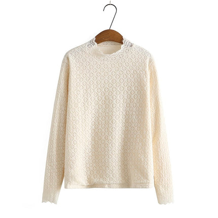 Loose Plus Size Women's Fleece Half Turtleneck Lace T-shirt