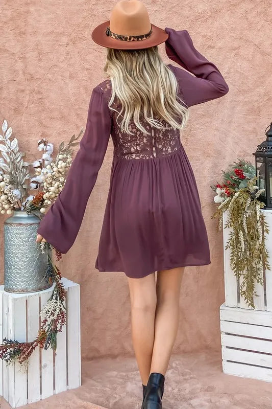And The Why Back Lace Button Down Detail Bell Sleeve Dress