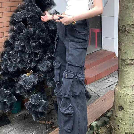 Retro Black Multi-pocket Cargo Pants Women's Loose Jeans