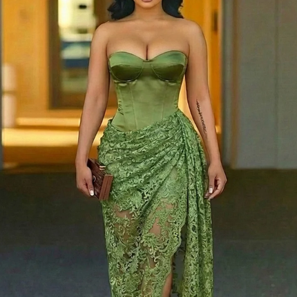 Strapless Cinch Waist Lace Patchwork Party Maxi Dresses-Green