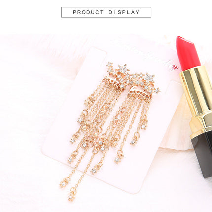 Diamond Studded Star Tassel Chain Back Hanging Earrings