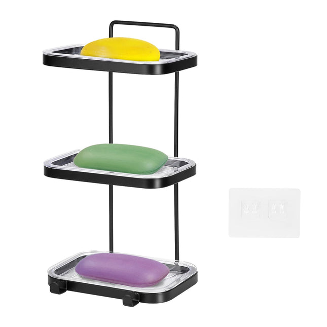 Soap Dish Soap Bar Holder Square Soap Rack Wall Mounted S Bar Shower Bathroom Self with 2 Hooks Clear Trays