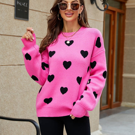 New Valentine's Day Heart Round Neck Plus Size Loose Women's Knit Sweater
