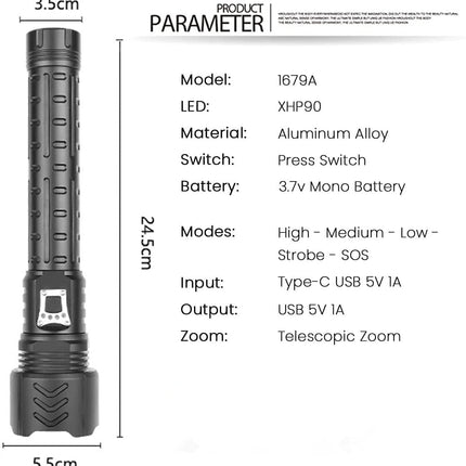 Zoom Type Input And Output Power Display Flashlight
