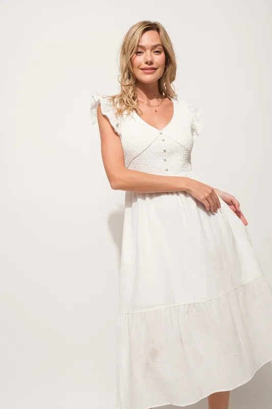 And The Why Ruffle Sleeve Front Smocked Tiered Midi Dress
