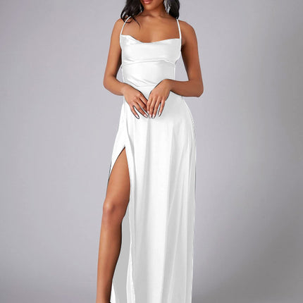 Women's Elegant Backless Split Maxi Dress – High Waist V-Neck Belted Gown
