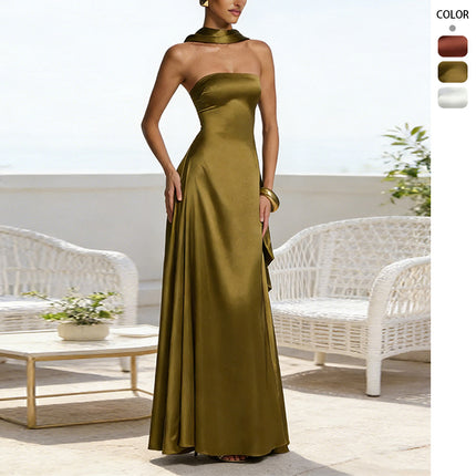 Backless Tube Top Evening Dress for Women – Waist Cinching Long Elegant Gown