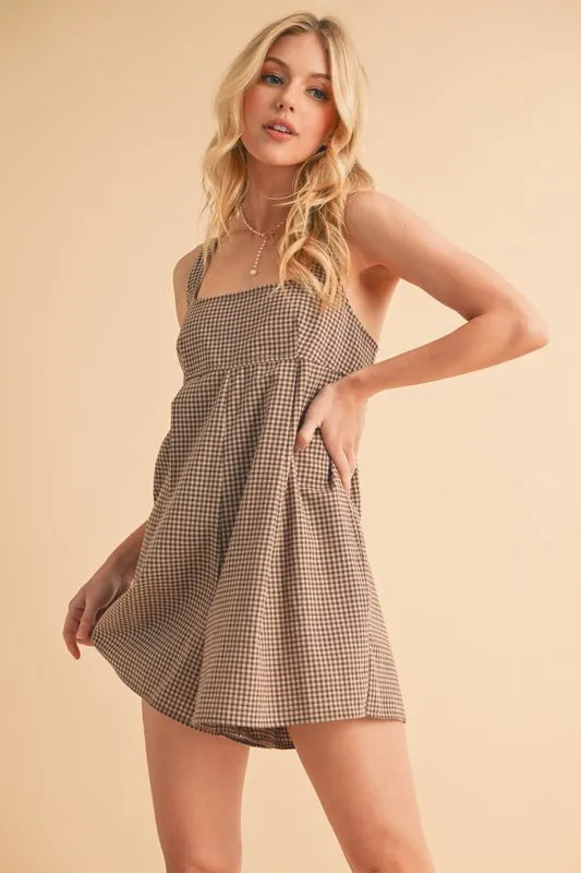 Aemi Co Plaid Square Neck Romper