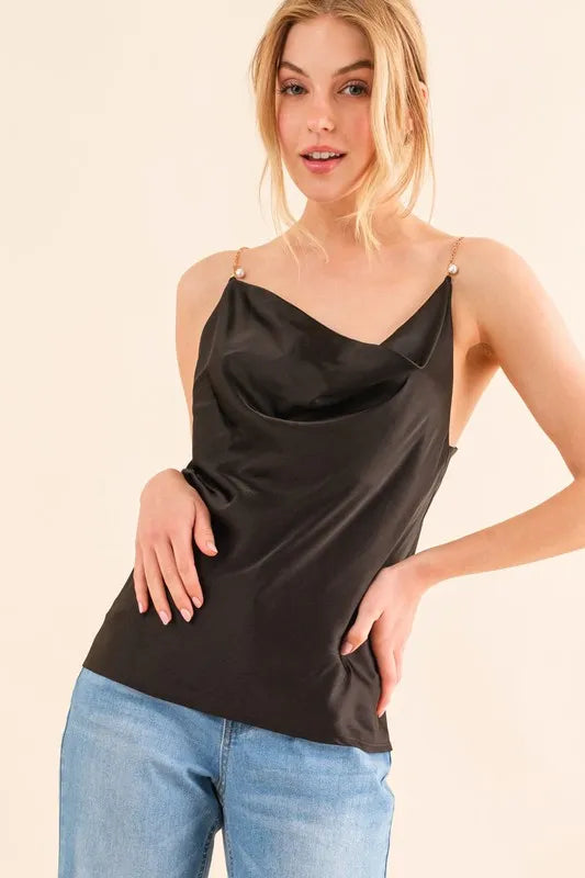 And The Why Faux Pearl Gold Chain Satin Casual Cami Top
