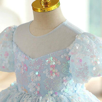 Girls Blue Sequins New Puff Sleeve Umbrella Princess Dress