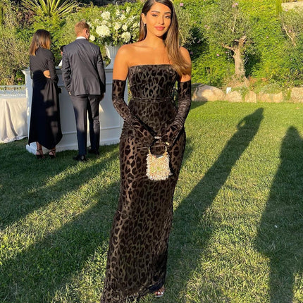 Leopard Print Tube Top Long Sleeve Gloves One Piece
