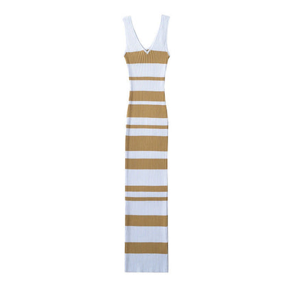 European And American Hot Girl Double V-neck Color Sleeveless Knitted Dress Intellectual Elegant Skinny Sheath