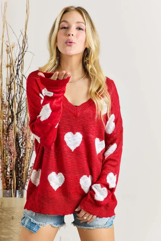 ADORA Full Size Heart V-Neck Knit Top Plus Size
