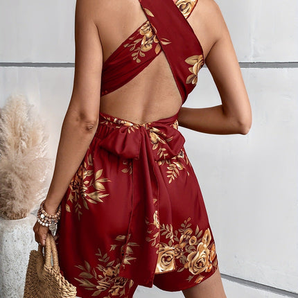 Women's Flowers Print Shorts Jumpsuit Summer Sexy Fashion V-neck Sleeveless Backless Multicolor Jumpsuit